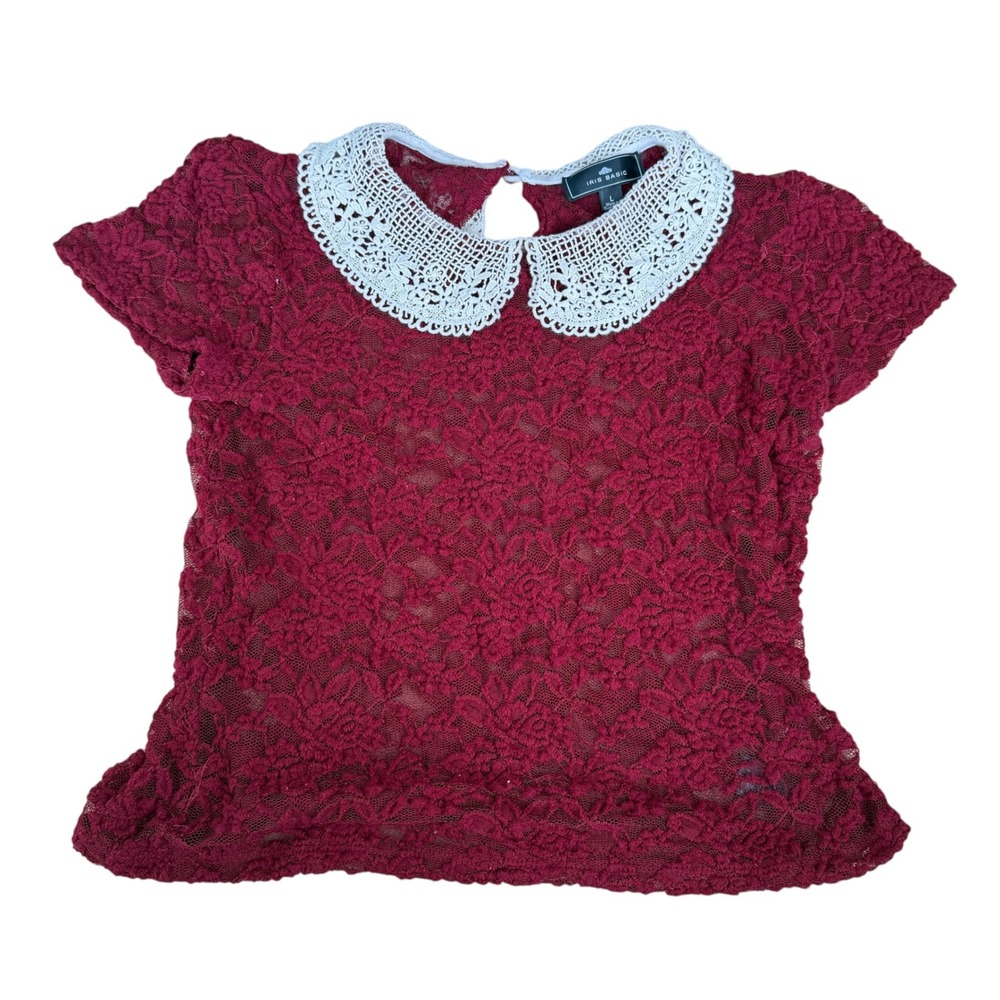 Y2K Iris Basic Sheer Floral Lace Peter Pan Collar Blouse Large Burgundy Coquette
